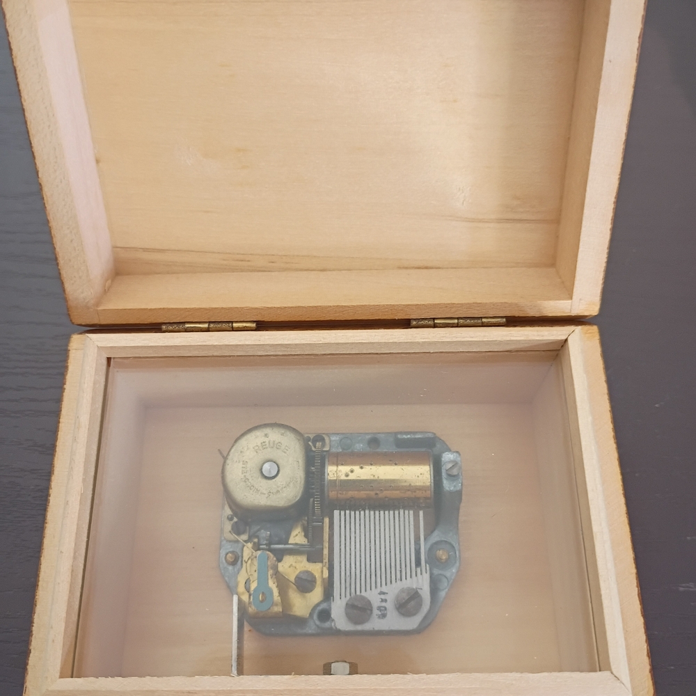 Wooden Music Box with Gold Accents Made In Switzerland. Works Fine